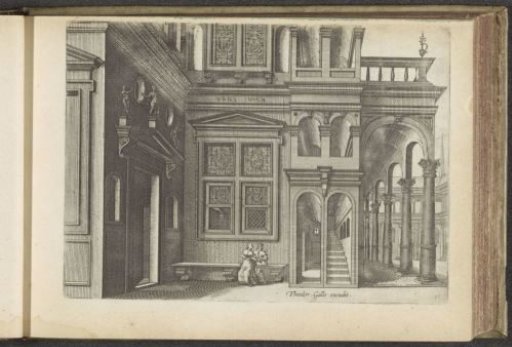 View of the courtyard of a house with a couple on a bench
