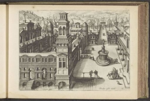 Palace and square with a fountain in a bird's-eye perspective