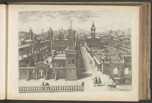 View of a palace with a courtyard and a garden with a fountain on the right