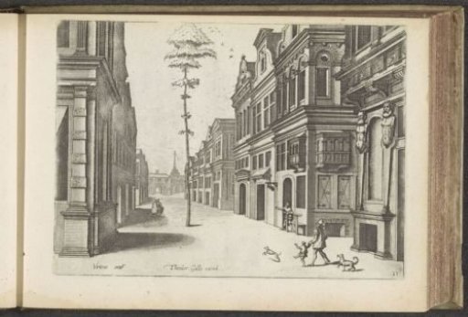 Street view with a man with a child and two dogs