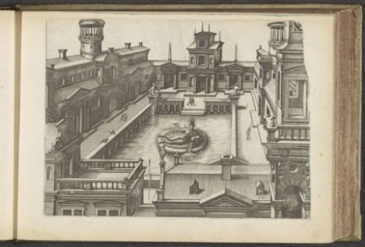 Courtyard with a statue of a river god in a rectangular pond