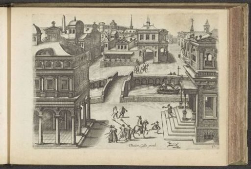 View of a city with palaces and a canal in a bird's-eye perspective