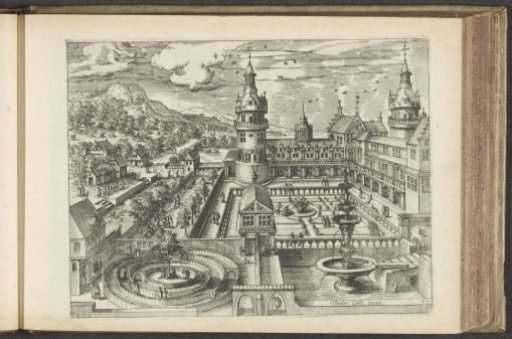 View of a palace with gardens and a fountain in a bird's-eye perspective