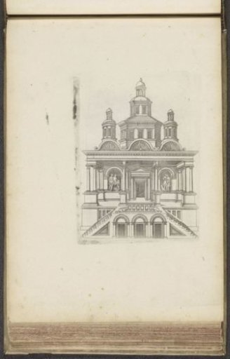 Temple with steps to a platform and sculptural groups on either side of the entrance