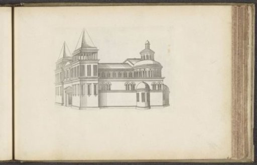 Sanctuary with the entrance on the left and towers on either side