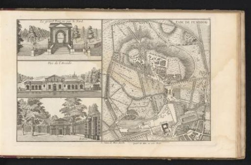 Plan of the park at Pembroke Castle, and three views of buildings in the park
