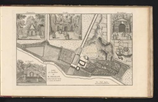 Plan of the garden at Claremont House, with four small views