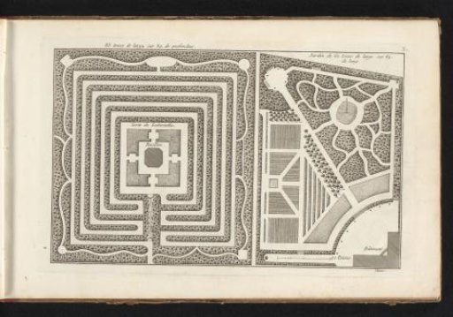 Two garden designs, including a maze