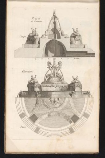 View, Section, and Plan of a Fountain with Lions and Dolphins