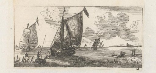 Sailing ships and a rowing boat by a steep rocky coast