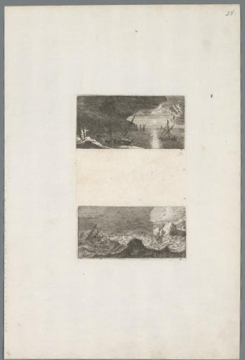 Sailing ships on a rough sea by a rocky coast