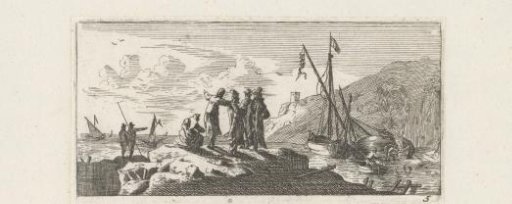 Group of figures on the coast with moored sailing ships