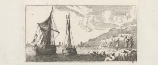 Sailing ships and rowing boat by the coast