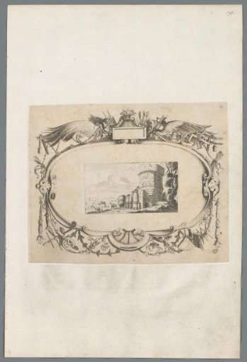 Landscape with a round tower in a decorative border with agricultural tools
