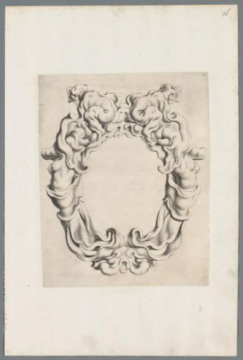 Cartouche in the rococo style with a female torso and a dog