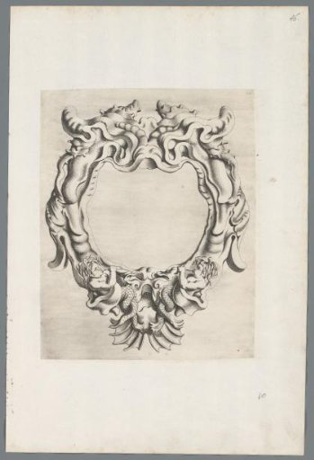 Cartouche in the rococo style with two mermen blowing on shells