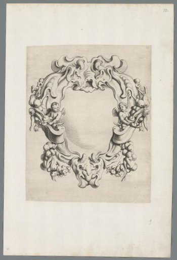 Cartouche in the rococo style with two cherubs holding a garland of fruit