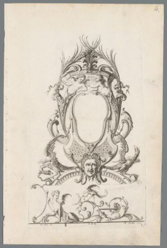 Cartouche with monsters and a mask