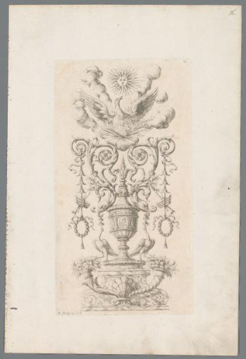 Panel with a phoenix rising from flames toward the sun above a vase