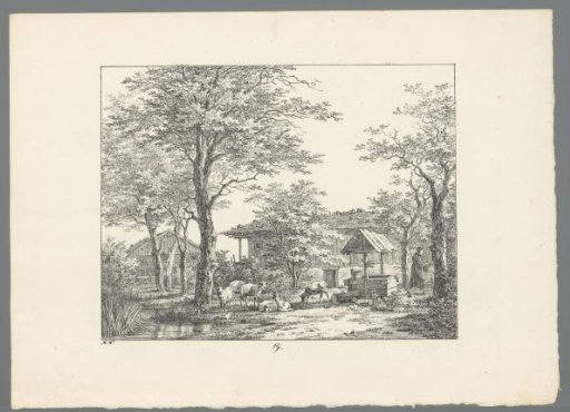 Landscape with goats at a well