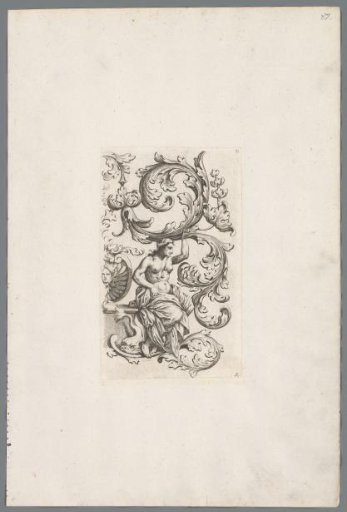 Ornament with a woman sitting on a dolphin holding up acanthus leaves