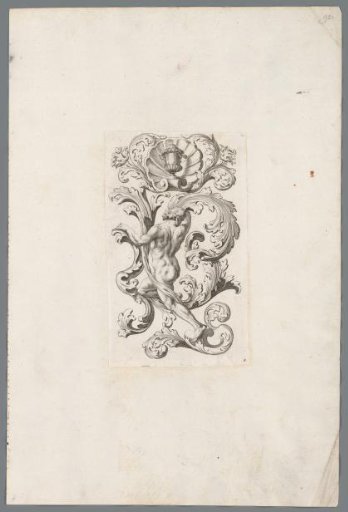Naked man in acanthus leaves with a vase in a shell