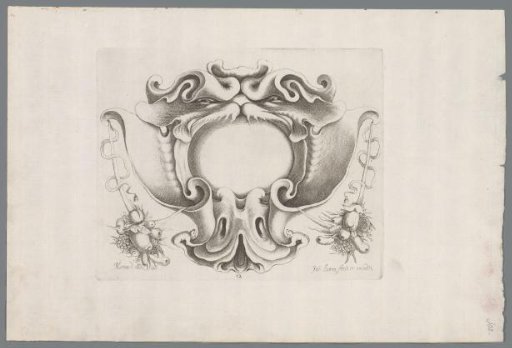 Cartouche in the rococo style around the open mouth of a monster