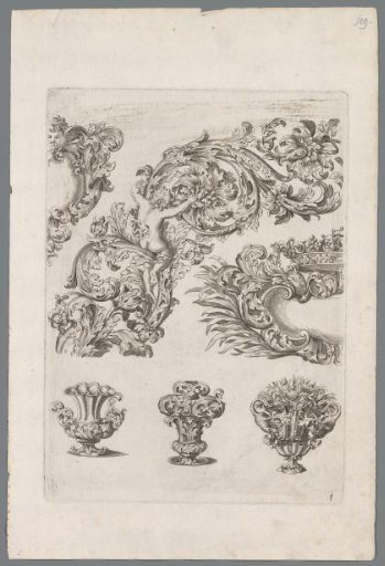 Sheet with vases and frames with an acanthus motif