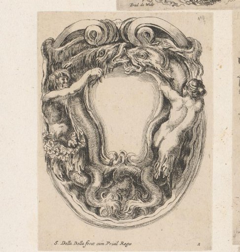 Cartouche with a merman and mermaid, each with a fish