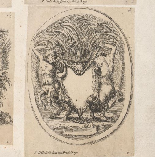 Cartouche with two centaurs with a leopard skin