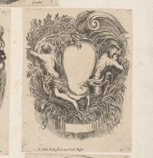 Cartouche with a satyr and a man with their backs to each other