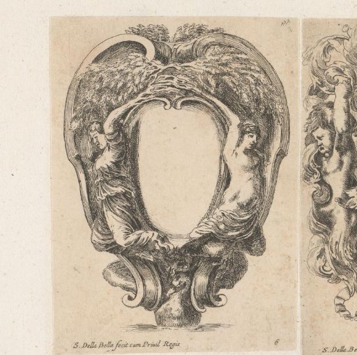 Cartouche with two female figures whose arms become tree branches