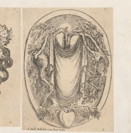 Cartouche with two skeletons on a tree