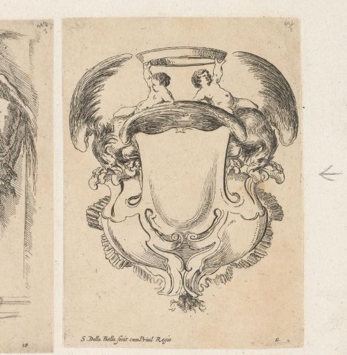 Cartouche with two putti holding a crown, sitting on two eagles