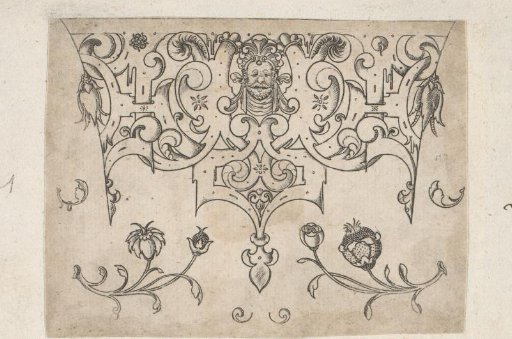Design for an ornament with flowers and a mask