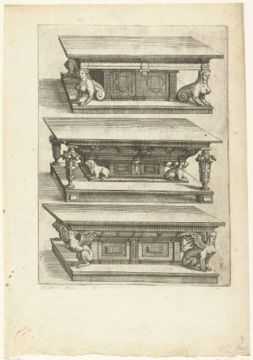 Three buffet tables on a raised platform