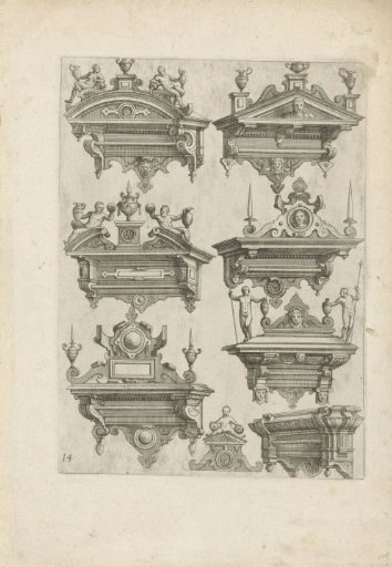 Eight towel racks, crowned with pediments
