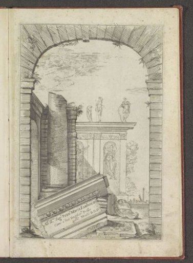 Commission on a marble block in a garden with ruins