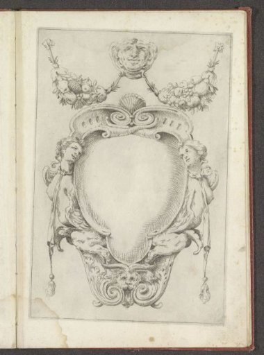 Ornamental head with garlands and a cartouche with female sphinxes