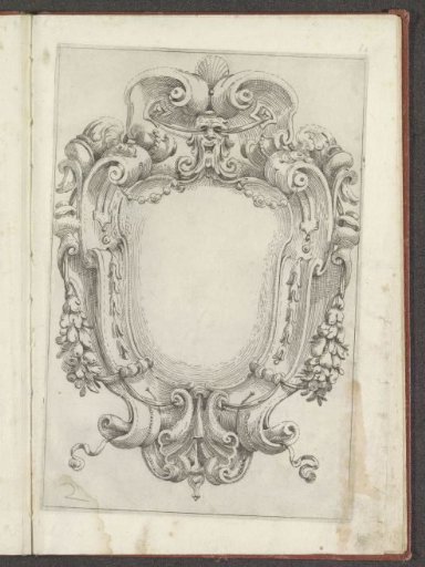 Cartouche with a fantasy head with a ribbon through the eye sockets