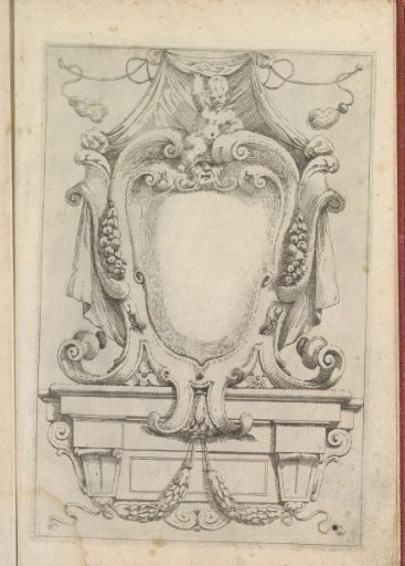 Cartouche with a putto under a curtain