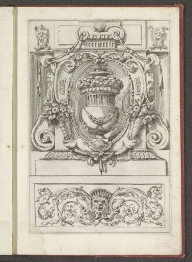 Monument with a cartouche containing a vase and an ornamental head between rocailles