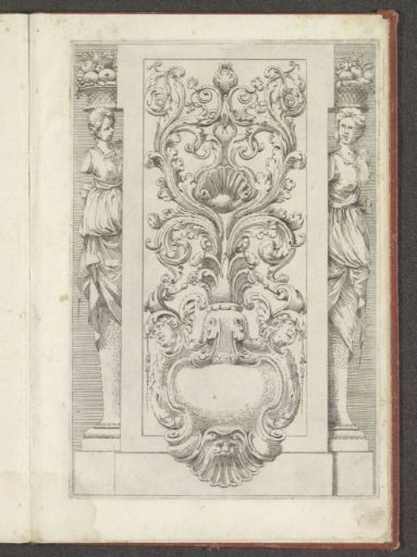 Cartouche with ornamental heads, a shell and rocailles, between caryatids