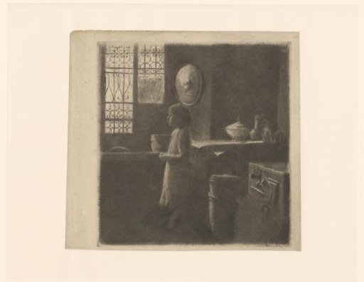 Girl standing by a window in a kitchen