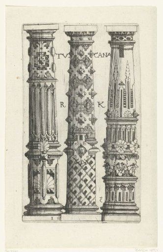 Three Tuscan columns with fantasy decorations