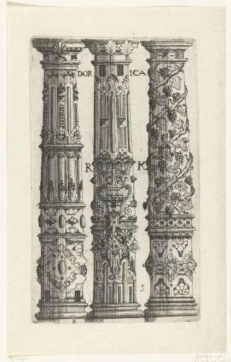Three Doric columns with fantasy decorations