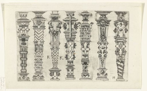 Seven balusters or term figures with fantasy decorations