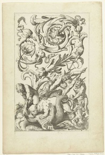 Leaf scroll, two satyrs, two children and a dragon