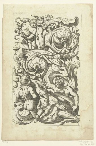 Leaf scroll, satyr, two children and a young man