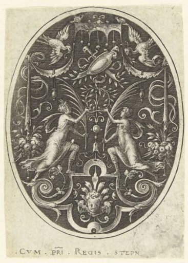 Two women kneeling under a trophy of arms